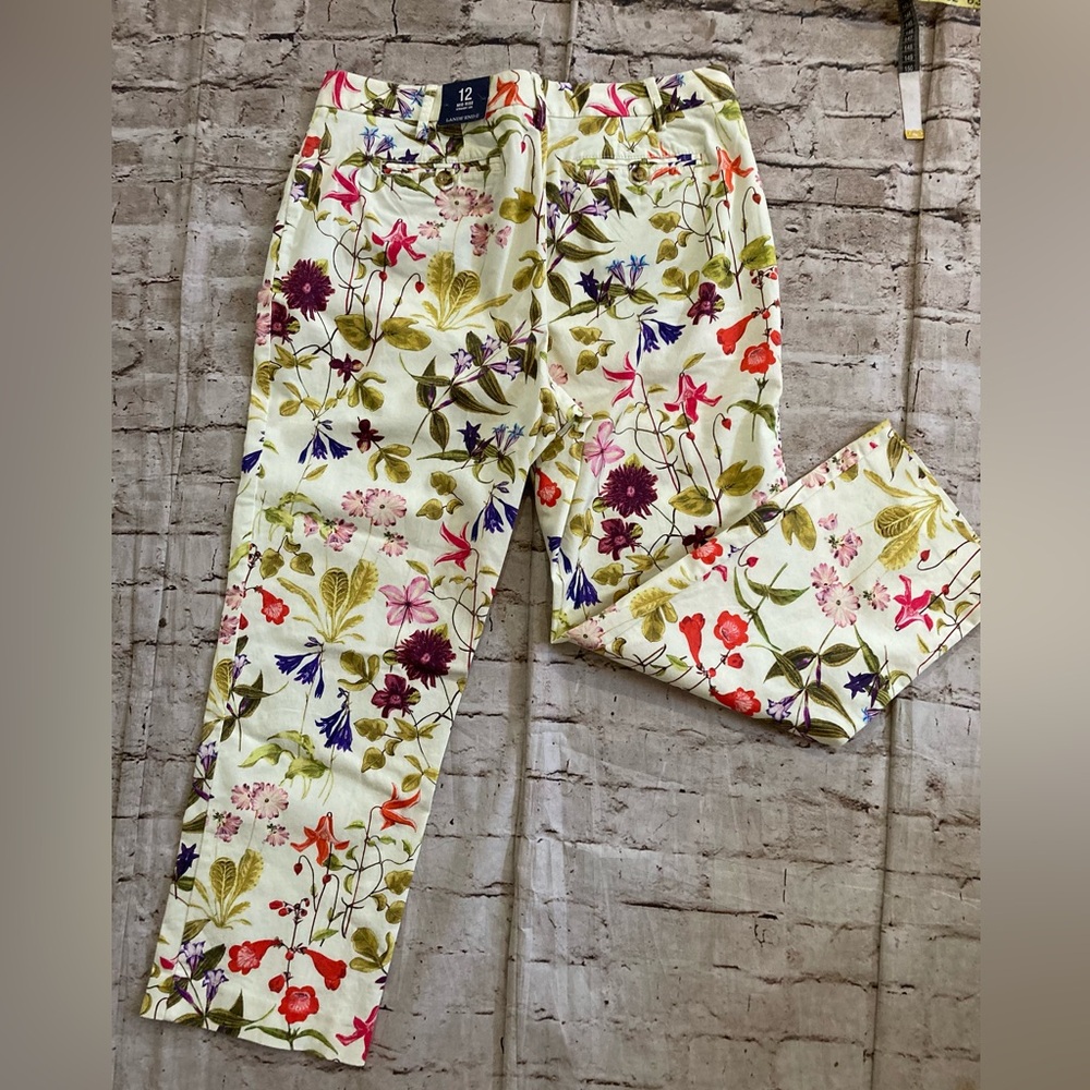 🔥 NWT Lands' End Cream Floral Print mid rise straight leg Pants size 12